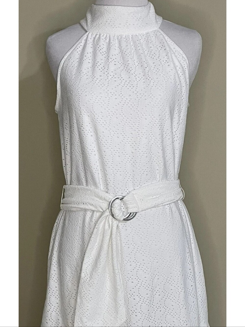 MICHAEL Michael Kors White Eyelet Halter Mini Dress with Belt